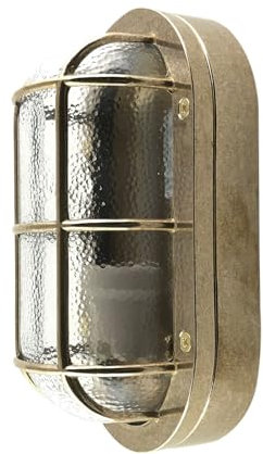 Ovale Außenlampe Wand Glas Messing massiv 23 cm breit IP64 E27 regenfest rostfrei Maritim Kellerleuchte Feuchtraumleuchte Garagenlampe