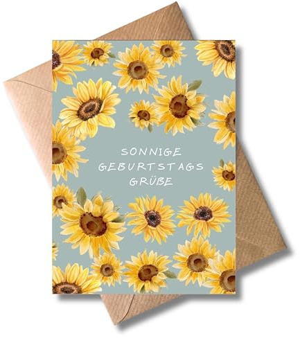 Geburtstag Karte mit Umschlag - Geburtstagskarte “Sonnige Geburtstagsgrüße” Sonnenblumen Muster Sonne Sommer Glückwunschkarte für Frauen Geschenkkarte zum Geburtstag Geburtstagsgruß (DIN A6)