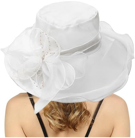 SRZYMJ Weiß Damenhut Organza Hut Hochzeit Anlasshut Brauthut Sonnenhut Blumen eleganter Sommerhut Sonnenschutz Strandhut Strohhüte Weinrot Sonnenhut Damen Baum-Print Fischerhut Männer Sommerhut