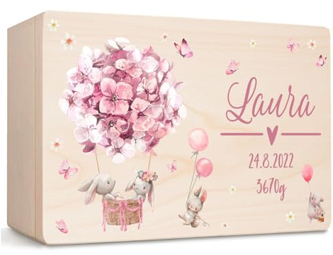 Little Deco Personalisierte Baby Erinnerungskiste Holzkiste | M - 30 x 20 x 13 cm | Hasen Geschenk Geburt Aufbewahrungskiste Geburtstag Spielzeugkiste für Mädchen XHL1017-01
