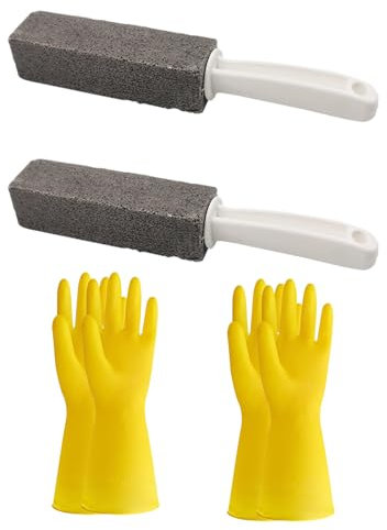 Hinapan 2 piedras pómez de limpieza con mango, limpiador de inodoro de piedra pómez y 2 pares de guantes reutilizables, limpiador de suciedad para inodoro, limpieza del hogar
