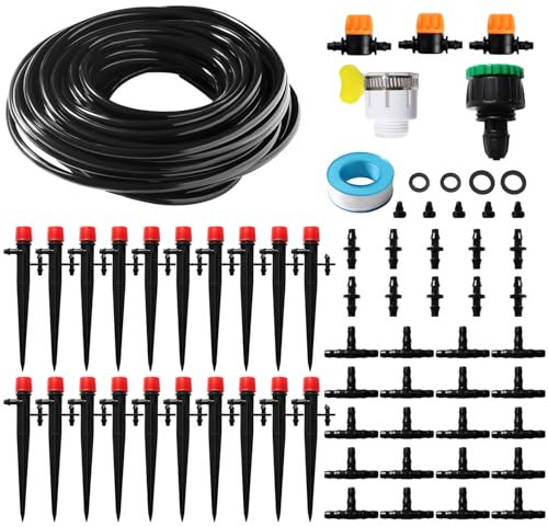 VooGenzek 66 Pezzi 4/6 mm Kit Irrigazione a Goccia, 15m Tubo Irrigazione, Kit fai da te Sistemi di Irrigazione, con Giunti a Barbe Dritte, Connettori a T, Tappi Terminali, per Aiuola