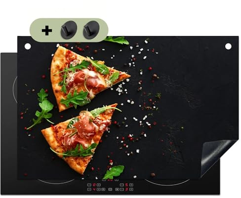 KitchenYeah© Herdabdeckplatte Einteilig Küche Herdabdeckung Induktionsfeld | 80x52 cm - Ceranfeld Herdabdeckplatten Vinyl Matte, Spritzschutz Küchenrückwand Pizza - Essen - Beton - Schwarz