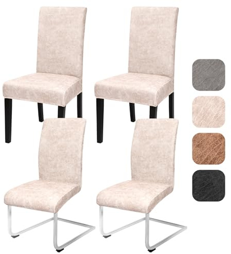Alishomtll Dining Chair Covers Set of 4, Faux Suede Universal Stretch Chair Slipcovers, Washable Removable Chamois Leather Chair Protector for Dining Room Kitchen Banquet Wedding Party (Beige, 4psc)
