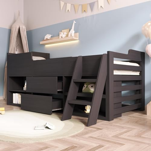 Laxnb 3ft Mid Sleeper Bed Frame with Storage and Ladder, Modern Taupe Wooden Cabin Bed, 90x190 cm, 120KG Weight Capacity