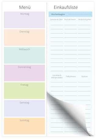 BIROYAL Menüplaner mit Einkaufsliste zum Abreißen, Essensplaner Magnetisch, DIN-B5 Block, 50 Blatt, Speiseplan Wochenplaner, Speißeplan für die ganze Woche (Farbe)