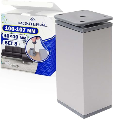 MONTERAL 8 Piezas Möbelfüße Verstellbar 100 mm Ausziehbar auf 107 mm Profil 40x40 mm - Höhenverstellbare Füsse für Möbel in Chrom Farbe Hergestellt aus Aluminium - Garantie 10 Jahre