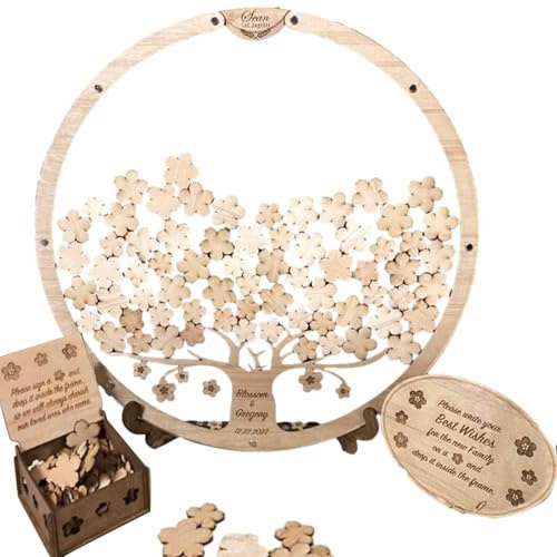 Libro De visitas Alternativo - Signo Del Libro De Oro De Boda | Signo De Madera En Forma De Corazón | Tarjeta De Árbol De Firma Floral | Marco De Imagen Alternativo Del Libro De Oro Con Hojas De