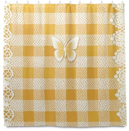 Bella tenda da doccia in poliestere impermeabile decorativa a quadri in pizzo giallo con gancio in poliestere lavabile tessuto tenda da doccia fodere per doccia camera cortinas a prueba de agua para