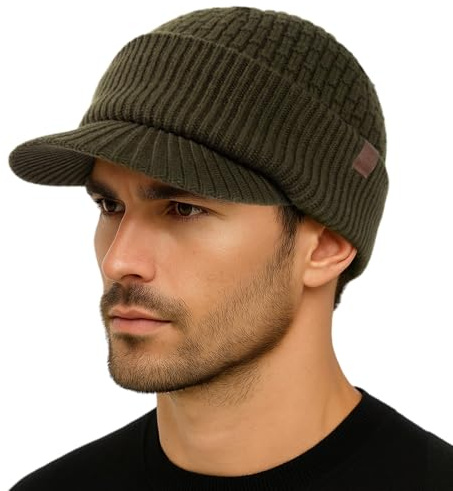 TOP-EX PolarWool™ 50% Merino Wool Peaked Beanie Hat Men Women with Fleece Lined, Winter Thermal Golf Visor Beanie Hat for Cold Weather, M-XXL