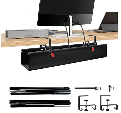 Gestion des câbles sous le bureau, sans perçage, goulotte de câble de 70 cm | Montage par pince/vis, double tissu Oxford 600D imperméable, plateau de câble stable, pour bureau et maison