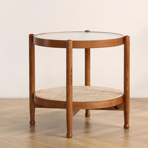 Table basse ronde en bois de noyer avec étagère de rangement en rotin, 2 niveaux, plateau en verre moderne du milieu du siècle, table de canapé élégante pour salon, canapé, 55 x 55 x 55 cm