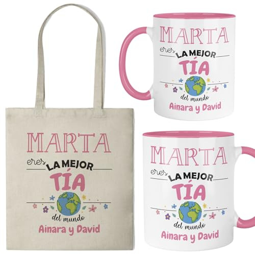 Kembilove® Taza regalo tia personalizada con nombre | Pack taza y bolsa “Eres la mejor tía del mundo” | Detalle original cumpleaños, navidad y ocasiones especiales