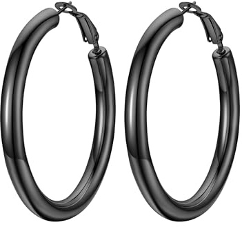 PROSTEEL Pendientes Aro Gruesos Negro Aros Acero Inoxidable 50mm Diámetro Medianos Clásico Minimalistas Joyas de Mujer Chica Amiga Madre Hija Esposa Novia