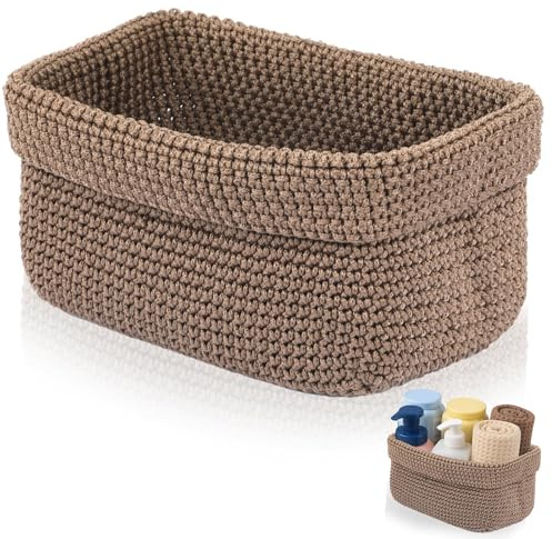 Cesto portaoggetti marrone, intrecciato a mano, in corda di cotone, elegante cestino decorativo per bagno, cestino per asciugamani, cosmetici, giocattoli e libri (21 × 13 × 15,5 cm)