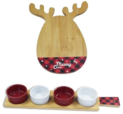 MA MAISON Set Tagliere a Renna 24,5X18CM + 4 Ciotoline Rosso e Bianco con Vassoio 40X9X4H CM - per Stuzzichini, Snack, Multifunzione, Festività, Aperitivo, Natale, da Tavola - in Legno