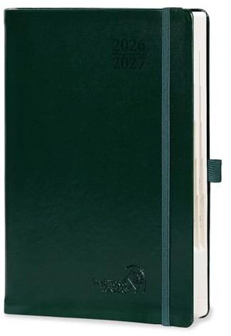 POPRUN Tagesplaner 2026 2027 ca.A5(21 x 14,5cm) mit Hardcover-Einband | (Aug.2026-Jul.2027),Tageskalender 1 Tag 1 Seite,(Montag-Sonntag),Terminplaner,Monatliche Registerkarten(Dunkelgrün)