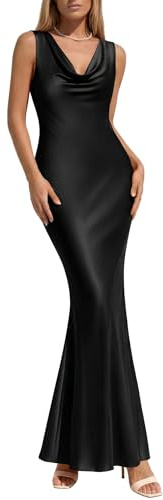 KIRUNDO Womens Summer Cowl Neck Sleeveless Satin Maxi Dress Elegant Bodycon Cocktail Wedding Guest Party Long Dresses(Black, Medium)
