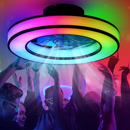 ZOMLBOF 45cm RGB Ceiling Fan Game Rooms Remote Control | Ideal Gift,Reversible,6 Speeds,3 Color Temperatures,Smart Ceiling Fan Light and Timer,Memory Fan Ceiling Lights Quiet