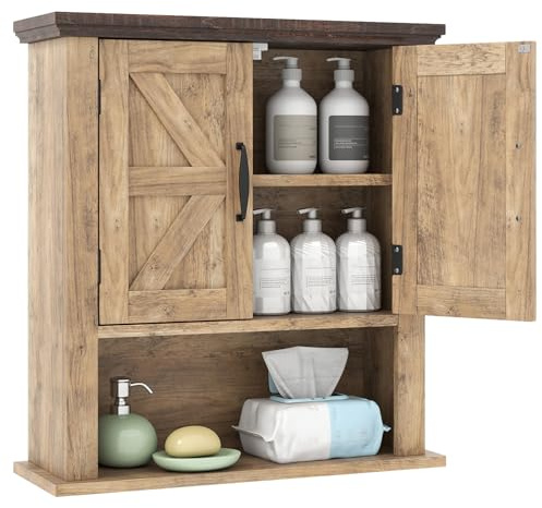 COSTWAY Mobile da Parete per Bagno, Mobiletto Bagno a Muro in Stile Rustico con Ripiano Regolabile e Scomparto Aperto, Armadietto per Soggiorno, Cucina e Ingresso, 55 x 19 x 60 cm (Grigio)