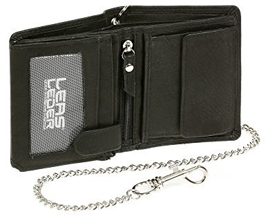 LEAS Mini-Bikerbörse mit Riegel und Chrom-Kette im Hochformat mit RFID-Schutz Trucker Echt-Leder, schwarz Chain-Series''