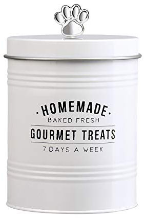 Amici Pet, 7CDI035R, Gourmet Treats Round Metal Treats Storage Canister, Baked Fresh Gourmet Treats Decal, Silver Tone Paw Knob, Food Safe, 72 Ounces