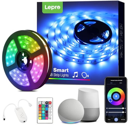 Lepro Smart RGB LED Strip Light 5M, Music Sync, Works with Alexa and Google Assistant, Smart Life App, Remote and Voice Control, Colour Changing LED Lights for Bedroom Party Home Decor