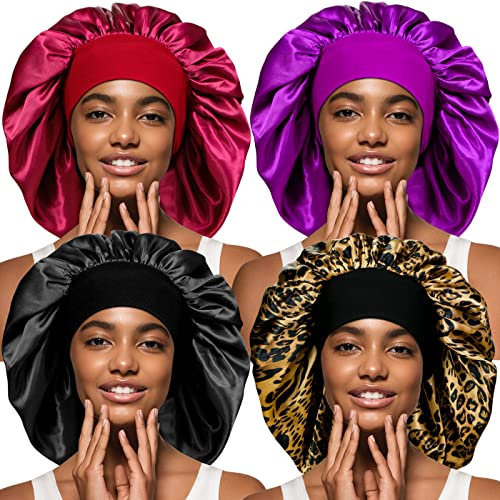 4 Pieces Extra Large Satin Bonnet for Curly Hair, Long Hair Sleep Cap with Wide Elastic Soft Band Big Sleeping Bonnets for Women Hair Care Multicolour