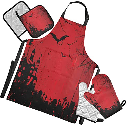 Style Halloween Red Blood Bats Castle Background 5 Pcs Set Cooking Apron Heat Insulated Oven Mitts with Pot Holder Pad, Kitchen Oven Gloves Protectors Mat for Grilling Baking