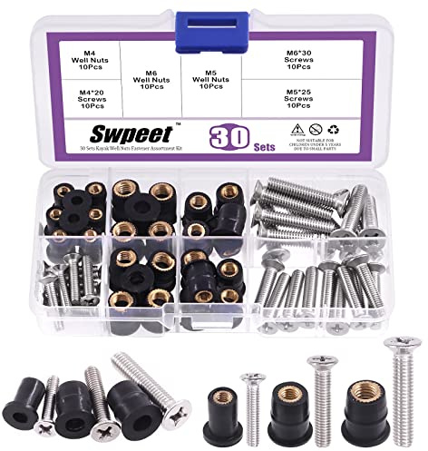 Swpeet 60 st 3 storlekar M4 M5 M6 Neopren brunnsmutter med M4 x 20 mm M5 x 25 mm M6 x 30 mm rostfritt stål Pozi-skruvar mässing kopparbultar välmuttersats kompatibel med kajakpaddlar klämmor