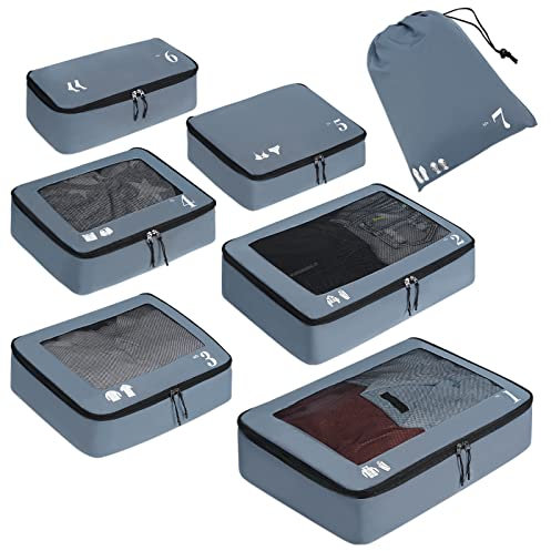 ECOHUB Koffer Organizer Packing Cubes 7-Teiliges Set Packwürfel Pet-Recycelte Packtaschen, Kofferorganizer für Rucksack schuhbeutel Kleidertaschen (Grau)