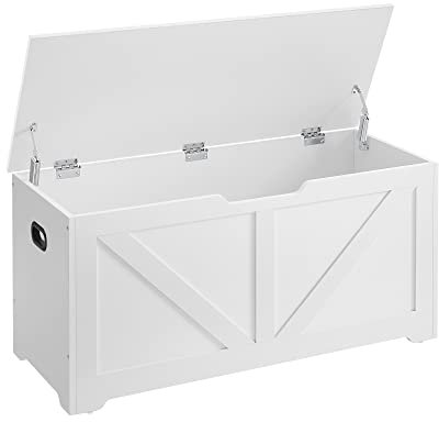 VASAGLE Puff Almacenaje, Banco Almacenaje con 2 Bisagras de Seguridad, Baúl Almacenaje, Banco Zapatero, Estilo de Campo, 40 x 100 x 46 cm, para Pasillo Dormitorio Salón, Blanco Nube LSB060T14