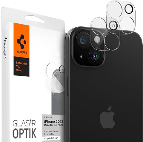 Spigen Glas.tR Optik Kameraschutz [2 Stück] für iPhone 15, iPhone 15 Plus | Gehärtetes Glas, Kristallklar, Hochauflösend, Kratzfest, 9H Härte Folie