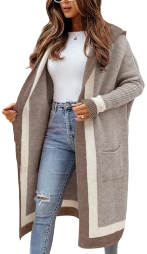 chouyatou Women's Color Block Vertical Striped Open Front Oversized Hooded Long Cardigan Sweaters with Pockets (Large, Apricot Khaki)