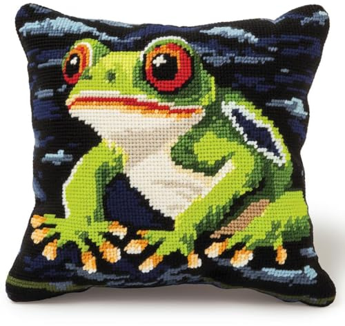 Taxpy Diy Knüpfkissen Set Grüner Frosch H?keln Geschenk Tier Kreuzstich Sofa Kissenbezug Werkzeug Fit Für Kinder Und Erwachsene 17X17In B