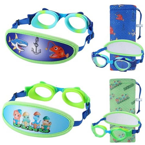 RUIGAO Kids Swim Goggles Age 2-6, Toddler Goggles No Hair Pull,UV Protection/Anti Fog/Padded HeadBand (2PK FISH - Dino & Shark)