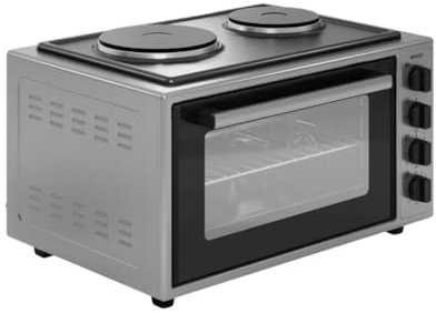 Wiggo Minihorno con placa de cocción – 2000 W, 45 litros, versátil 6 en 1 funciones: calor superior/inferior, recirculación, barbacoa, asador, diseño elegante para cocinas modernas (gris)