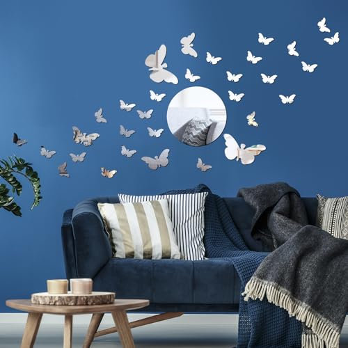 Stickers Miroir Papillon, 37 pièces en acrylique 3D Stikers Murals Papillon Bow miroir mural acrylique amovible argent sticker miroir adhésif décoration bureau dans la chambre à coucher du salon