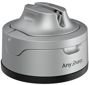 AnySharp Evo Affilacoltelli, Sicurezza Mani Libere, Potente Suzione PowerGrip, Affila Sicuramente Tutti i Coltelli da Cucina, Ideale per Acciaio Temperato e Dentati, Il Migliore del Mondo, Argento