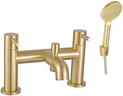 KINGBATH™ Bath Shower Mixer Tap Faucet with Shower Kit Handheld Shower Head Bathtub Bathroom Filler Sink Hot and Cold Solid Brass Modern Double Lever Handle Brushed Brass Gold