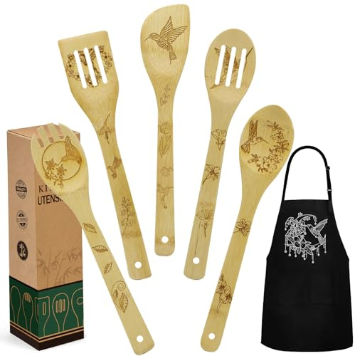 Hummingbird Gifts for Women, Kitchen Decor Cooking Utensils Set Include Unique Bamboo Cooking Spoons Apron, Personalized Christmas Mother's Day Housewarming Gift Idea for Mom Women