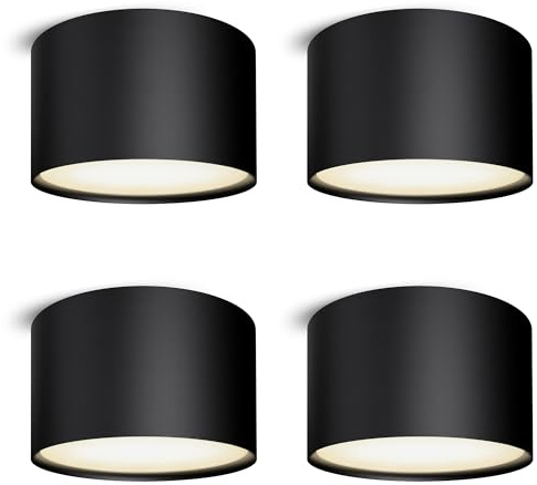 SSC-LUXon PIATO Aufbaustrahler 4 Stück schwarz rund 6W warmweiß Decke | Vier flache Aufputz-Deckenspots schwarz matt - warmweiß 6W, für Wohnzimmer, Flur & Büro, direkt an 230V, Ø9cm, inkl. LED