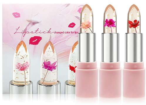 Clear Flower Jelly Lippenstift, 3 Packungen nahrhafte Feuchtigkeitscreme Lippenbalsam Temperatur Farbwechsel Lippenstift Matt Langlebiger Lipgloss (Pink-3)