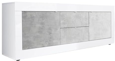 AltoBuy OTELLO - Meuble TV 2 Portes 2 Tiroirs Finition Blanc Laqué et Aspect Béton