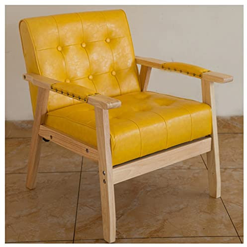 Mid Century Moderner gelber Ledersessel mit Armlehnen für Wohnzimmer, Esszimmer oder Schlafzimmer, Knopf, Flügelrücken-Akzentstuhl für Empfangsraum, stilvoller Lesesessel
