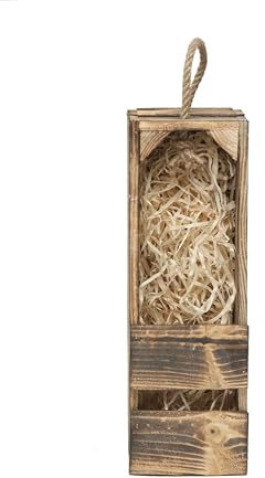 Weinkiste aus gebranntem Holz für 1 Flasche, rustikale Geschenkbox mit Holzwolle und Kordelgriff, 38 x 12 x 14 cm, Flaschenbox für Wein, Whisky, Likör und Olivenöl, Holzdeko, wiederverwendbar, Deko