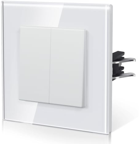 BSEED Lichtschalter Unterputz aus Glas,Normaler-Taste Schalter,Wechselschalter mit Krallen,Einfach Montage,10 Amp 250 V,NEU E-Serie,2 Fach 1 Weg,86mm Weiß