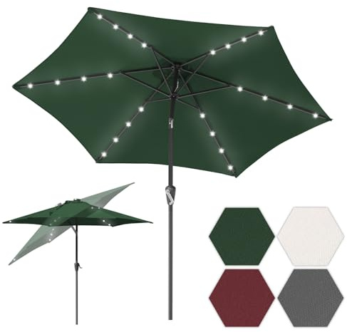 Tubiaz Solar LED Sonnenschirm 270 cm Grün, neigbarer Gartenschirm mit Handkurbel, 24 LEDs, UV50+, 100% Polyester, 38 mm Mast, 6 Stahlstreben, wasserabweisend, ohne Ständer