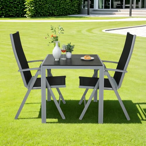 Clevich Lounge Gartenmöbel Set 3 TLG. Aluminium Sitzgruppe, Balkon Möbel Set mit Stuhl und Tisch, klappbare Gartenstühle, Balkonmöbel, wetterfest Terrassenmöbel, für Garten Terrasse, Silber grau