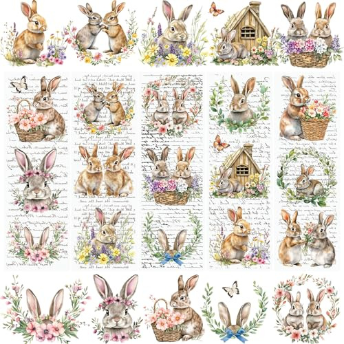 WANDIC 5 Bogen Rub On Sticker Ostern, Frohe Ostern Deko Ostereier Osterhasen Wasserdicht Aufkleber Englischer Hintergrund Handarbeiten Rub Ons Frühling Aufkleber für Glas Keramik Holz Möbel, 10*30cm